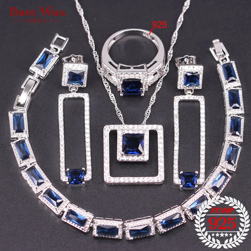 

Blue Stone Silver 925 Wedding Jewelry Necklace Earrings Ring Pendants Bracelet Sets AAA Cubic Zirconia Jewelry Sets For Women