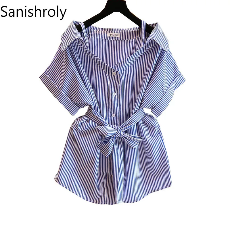 

Sanishroly 2018 Summer Women Striped Shirt Slash Neck Blouses Ladies Bow Short Sleeve Midi Long Shirts Tops Plus Size 3XL SE122