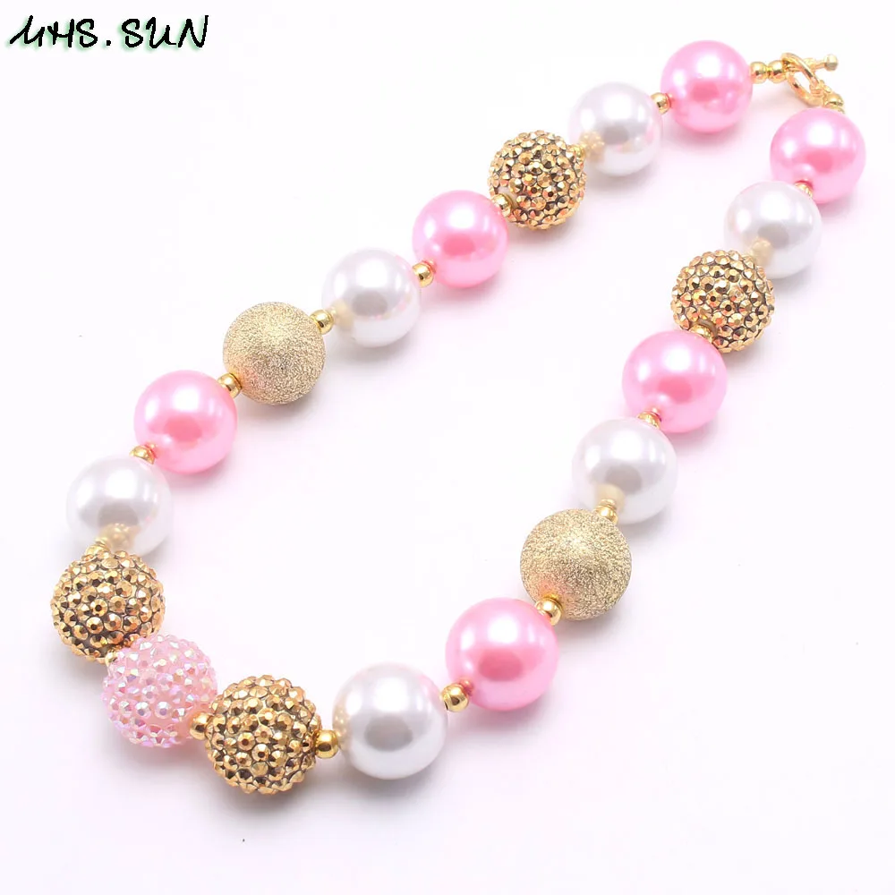 BN591-1 (1),$5.85-1PC.1PC Cute Baby Kids Chunky Beaded Necklace Pink&Gold&White Bubblegum Beads Necklace Handmade Chains Jewelry For ChildrenJPG