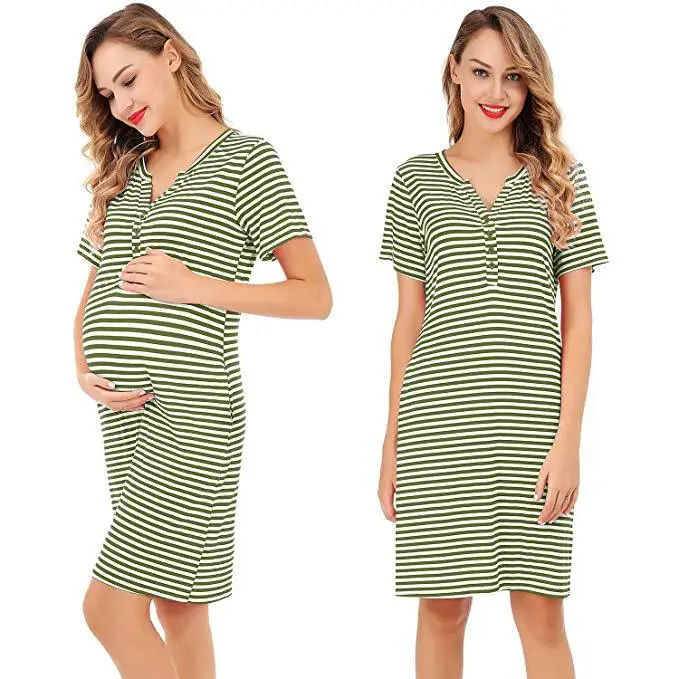 

2019 Women Maternity Pregnant dress Nursing Baby Nightgown Stripe Pocket Breastfeeding Sleepwear Dress ropade mujevestido hospi