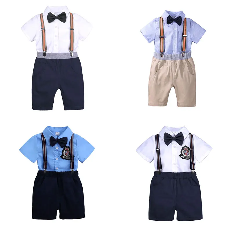 Formal Kids Clothes Set Cotton Toddler Boy Clothes Suit Short Sleeve Bow Tie Shirt+Straps Shorts Summer Children Clothing