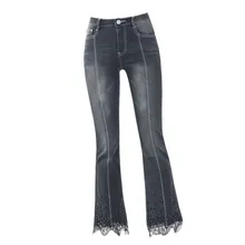 Весна и осень стрейч высокая талия живот микро-бусины кролик кружева бисером женские джинсы