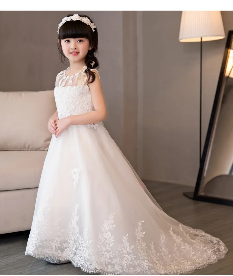 

2018 Princess Bead White Lace Flower Girl Dress Trailing Kids Evening Ball Gown Party Pageant Dresses First Communion Gown