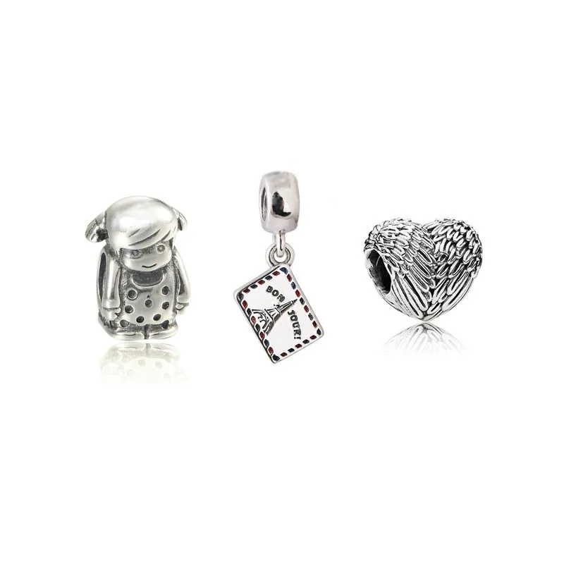 

3Pcs 100% Sterling-Silver Beads A Girl & Postcard Dangle With Feather Charms Fits Brand Charms Bracelets Wholesale Charm ZH117