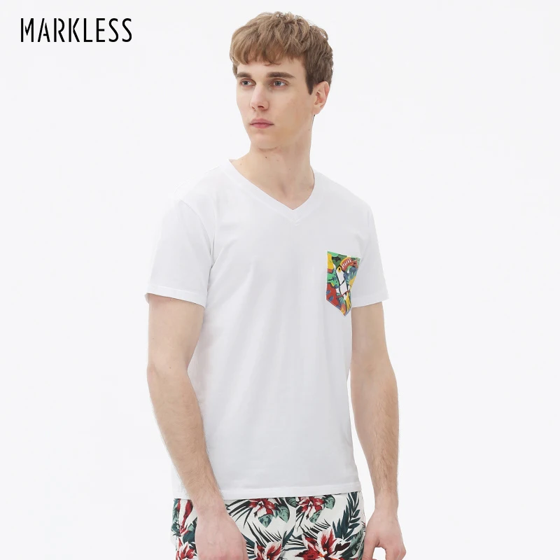 

Markless Colors Printed Men T-shirt Male Pocket Short-sleeve T Shirt Men Comfortable White V-neck Tops New Fashion Tees TXA5607M
