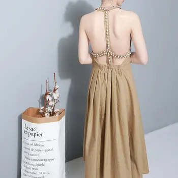 

Zanzea Rushed Dress Europe And America 2019 Summer New Fashion Pearl Inlay Round Neck Back Exquisite Cross Sleeveless Dress