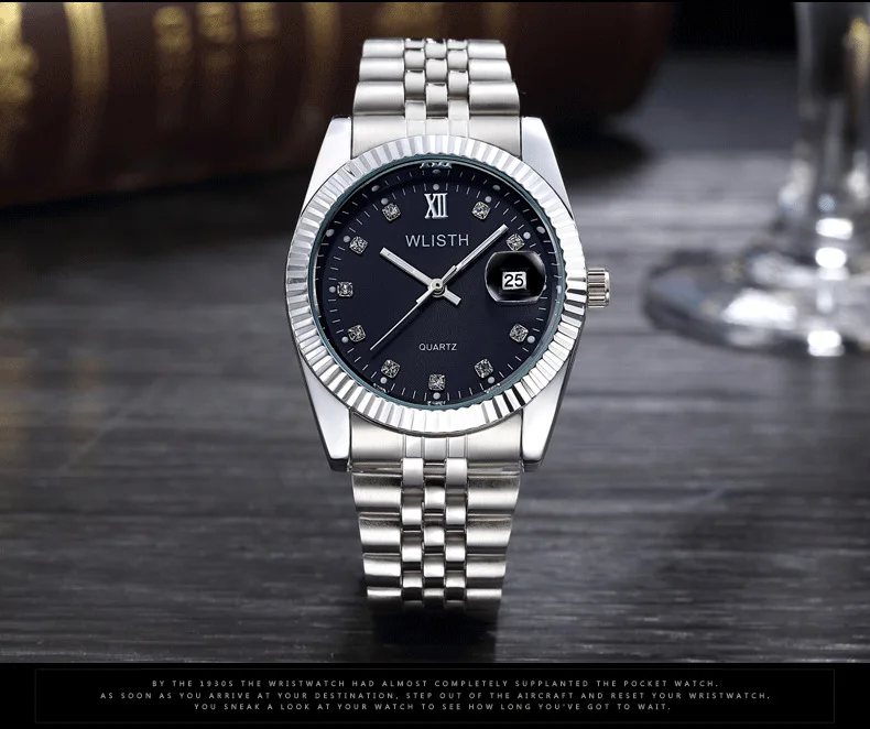 Silver Black For Man WLISTH Топ Бренд роскошные золотые часы леди для мужчин Lover Полный нержавеющая сталь Кварцевые водонепроницаемые Мужские Аналоговые Авто Дата clcok - Цвет: Silver Black For Man