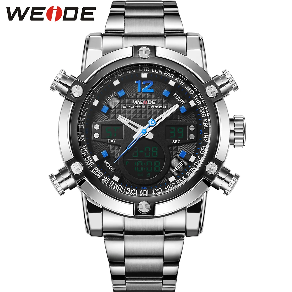 

WEIDE Brand Mens Digital Quartz Watches Men Silver Stainless Steel Watchband Army LCD Analog Date Alarm Back Light Display Items