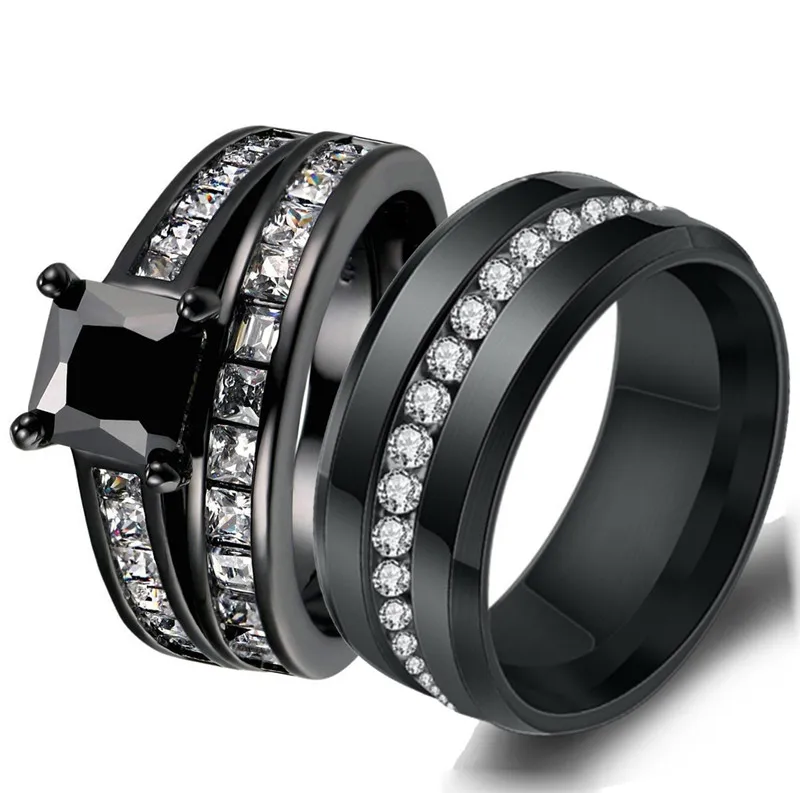 

2pcs Stainless Steel Black Gold Ring With Micro-inlaid Zircon For Men Woman Couple Engagement Ring Jewelry