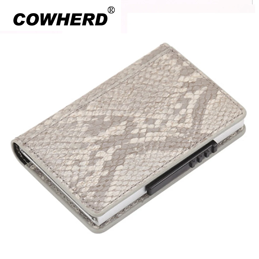 

Snake Skin 2019 NewTop Quality Men Money Bag Mini Purse Male Automatic Aluminum RFID Blocking Card Holder Small Smart Wallet