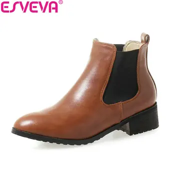 

ESVEVA 2019 Women Boots Elastic Band Square Med Heels Round Toe Ankle Boots Sewing PU Western Style Ladies Boots Size 34-43