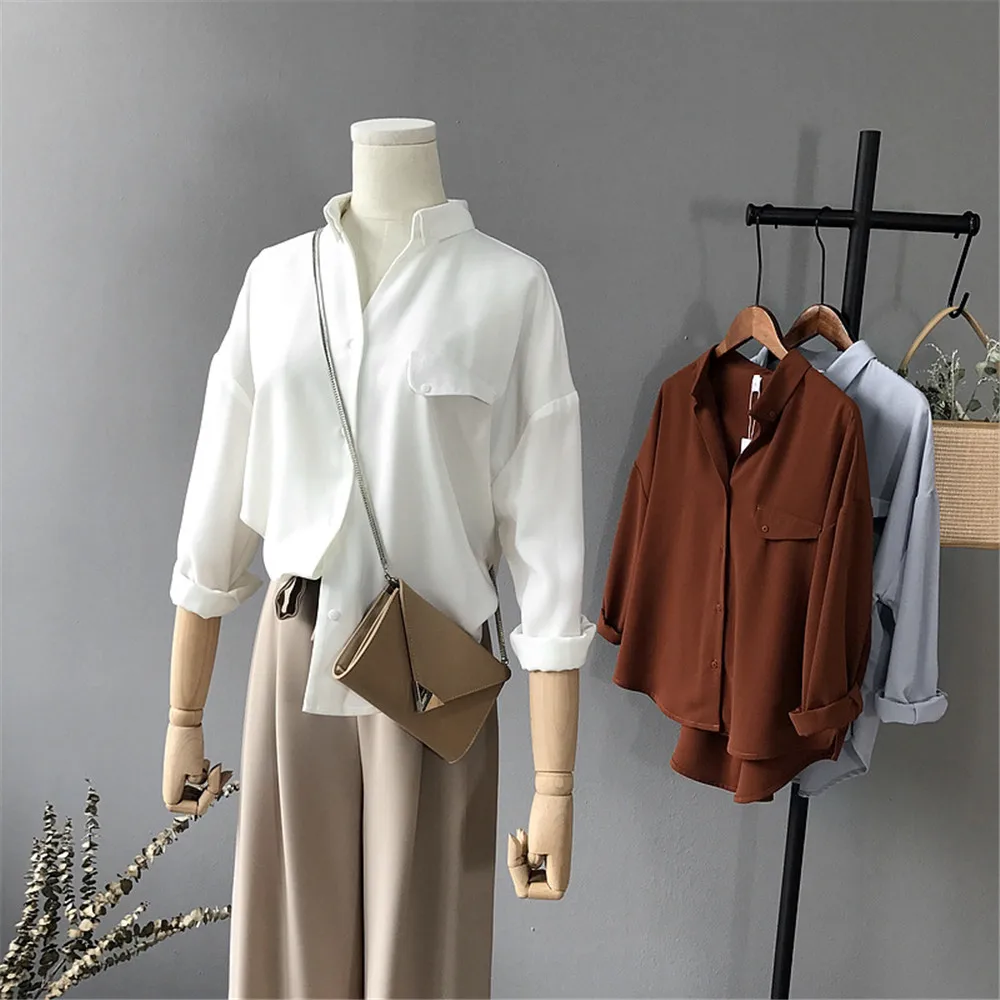 High quality Casual Chiffon white Women blouse shirt oversized Three Quarter sleeve loose shirt office wear casua tops blusas (7)