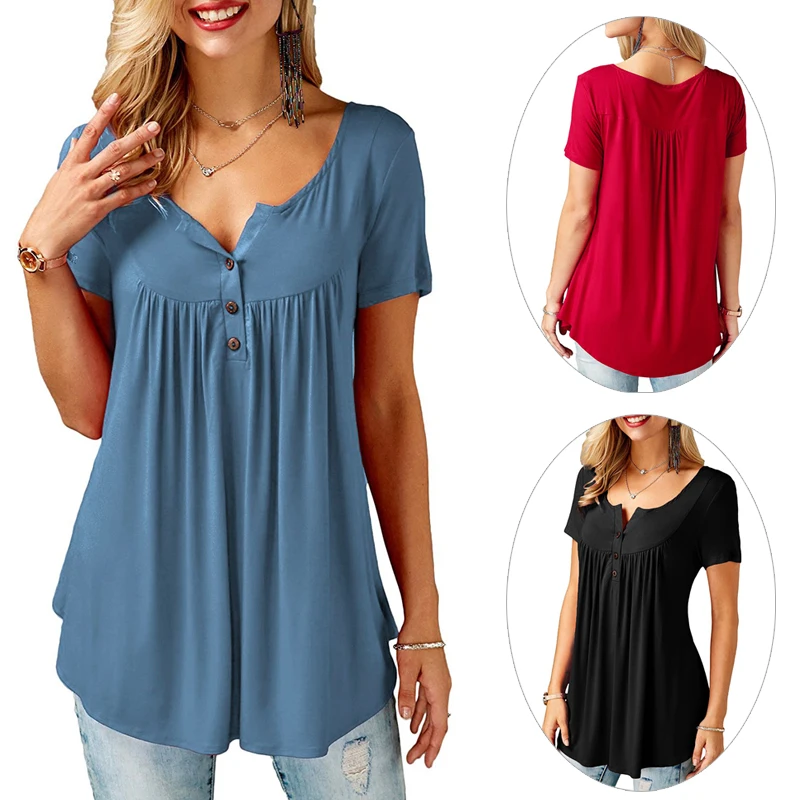 Women's V Neck Pleated Button up T Shirt Flowy Tunic Topin TShirts