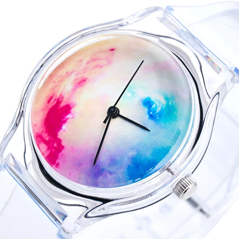 Прозрачные силиконовые разноцветные наручные часы с радужным циферблатом, кварцевые круглые часы для детей и женщин