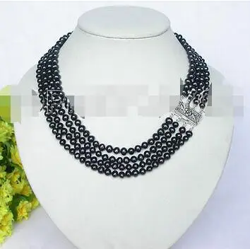 

Free Shipping>>new hot 16"-19" 6mm 4row round black pearls necklace 925 silver clasp E28