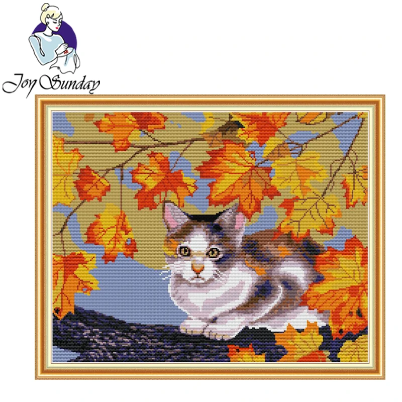 

Joy Sunday,Cat and maple,cross stitch embroidery set,printing cloth embroidery kit,needlework,Animal picture cross stitch set