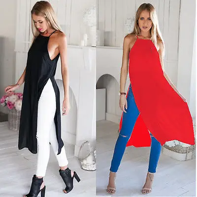 

Summer Women's Two Side High Split Chiffon Blouse shirt Semi Sheer Tops