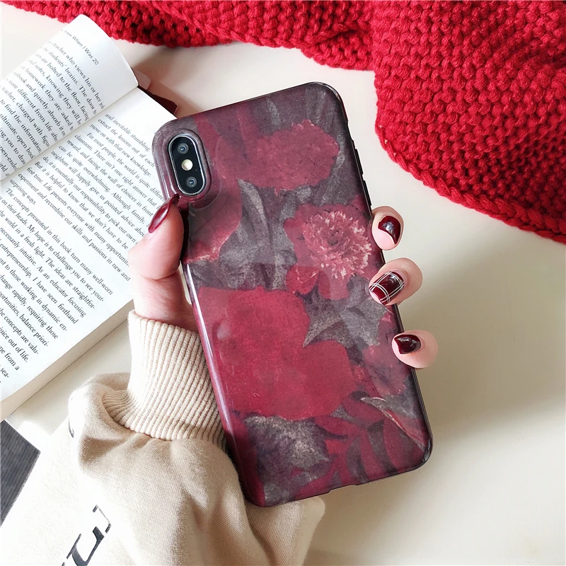 

Vintage Winered Glossy Flower Case for Iphone Xs Max Xr Floral Soft Silicon Case for Iphone 7 8plus 6s X Shell Back Cover