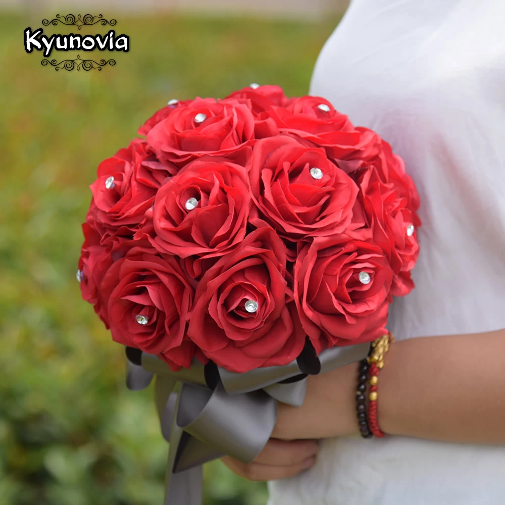 Ramo de rosas de seda para damas de honor de Kyunovia, ramos de flores  artificiales con pedrería, centro de mesa, ramo de flores rojas para boda  FE50|bridesmaid bouquet|bouquet artificialartificial bridesmaids bouquets -