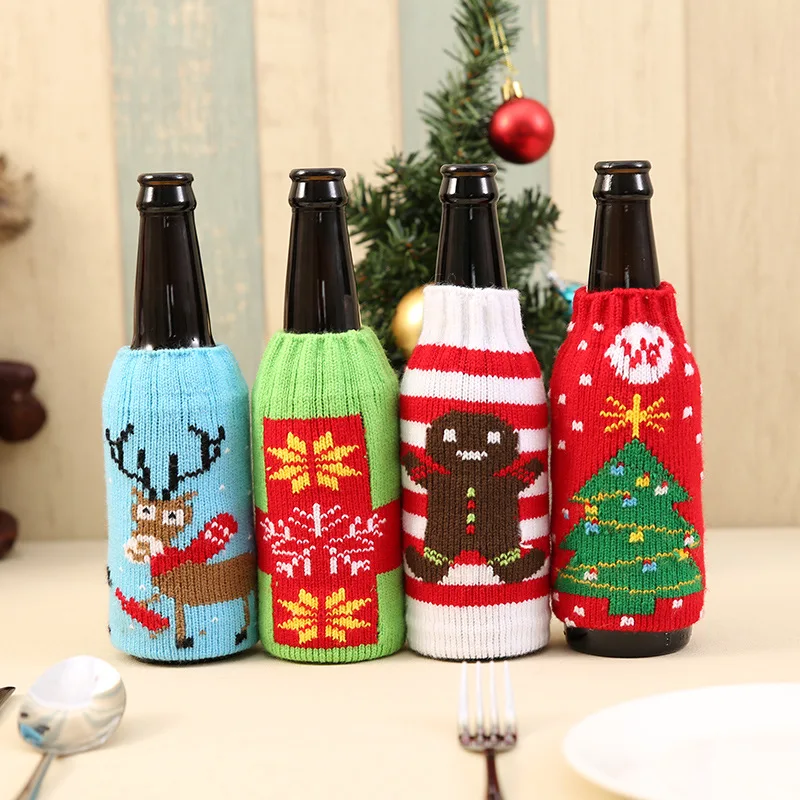 

2019 New Year Christmas Decorations Champagne 330ML Wine Bottle Knitting Cover Bag Banquet Xmas Dinner Party Decoration Supplies