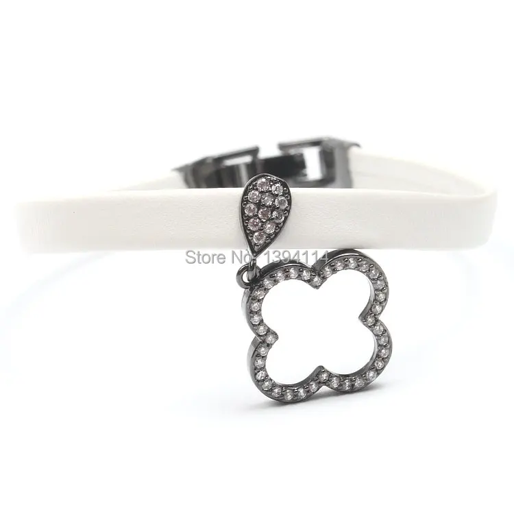 Micro Pave Clear CZ полый амулет клевер с бахромой 8*1 мм кожаный шнур сложить над застежкой браслет ювелирные изделия около 8 дюймов