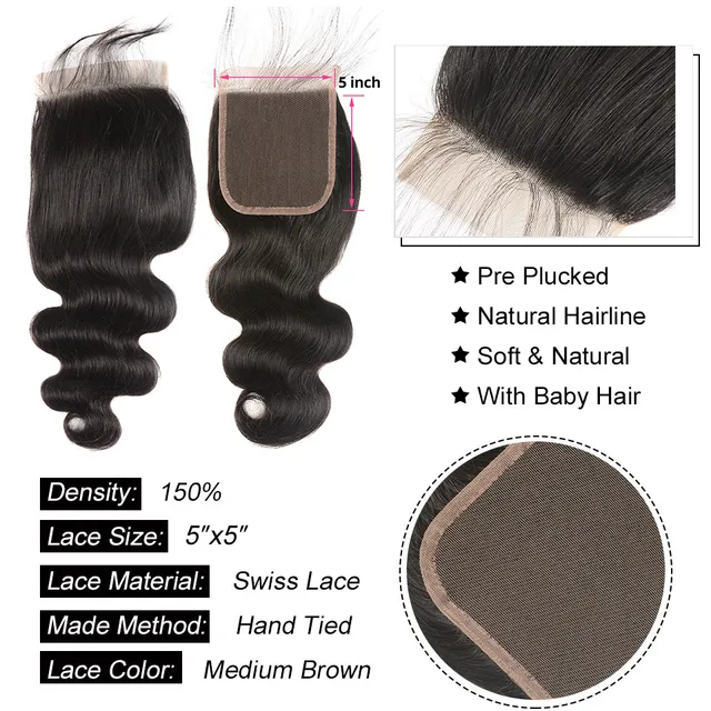 AliPearl Hair Body Wave Bundles With 5x5 Closure Free Part Brazilian Hair Weave 5x5 Closure With AliPearl Hair Body Wave Bundles With 5x5 Closure Free Part Brazilian Hair Weave 5x5 Closure With 3 Bundles Remy Natural Black