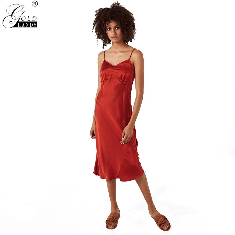 

Gold Hands Cool Summer Women Spaghetti Strap Min-calf A-line Dress Sexy Sleeveless Empire Solid Beach Dress Free Shipping