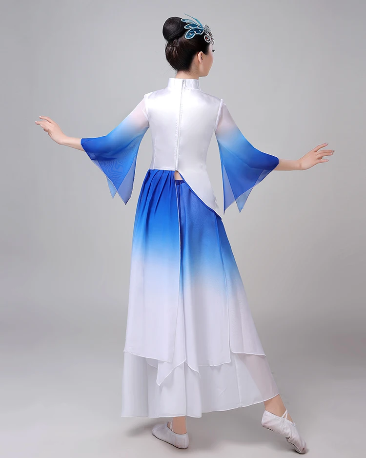 Женские синие белые Китайский народный танец бамбуковый веер вуаль Yangko Классическая танцевальная юбка ВЗРОСЛЫЕ 3XL