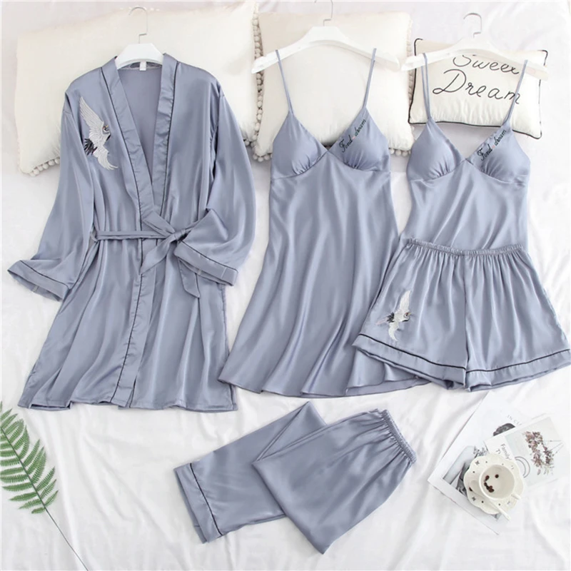 

5pcs/lot Women's Pajamas Sets ice Silk Nightdress Sleepwear Wedding Bridesmaid Robe Night Gown Spring Summer Homewear #F