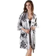 Женский шелковый халат кимоно с принтом маргаритки и ночная рубашка, комплект для сна, летняя майка с v-образным вырезом, комплекты нижнего белья, Женская атласная одежда для сна