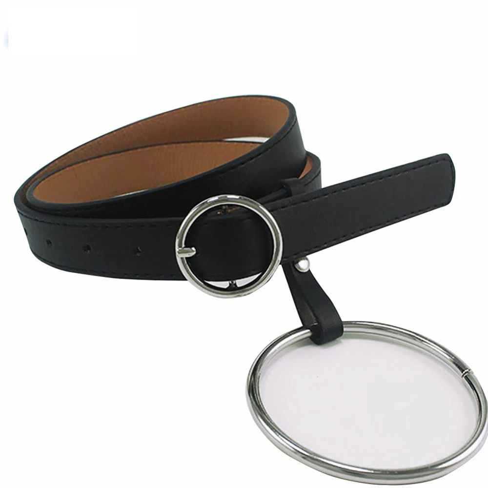 New Silver Round Metal Circle Belt Female Unisex Black PU Leather Waist