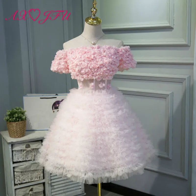 

AXJFU pink lace fringed evening dress boat neck candy color cake princess short pink evening dress ruffles pink dress size 10