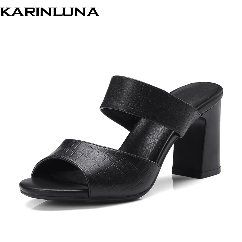 

Karinluna 2019 brand design genuine leather summer mules pumps shoes woman fashion elegant high heels women's shoes