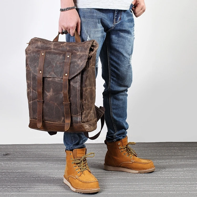 MODEL SHOW of Woosir Vintage Waxed Canvas Backpack