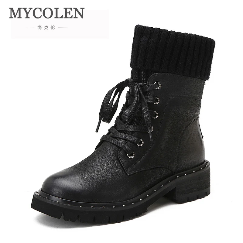 MYCOLEN/Новинка года; женские ботинки; ботинки на шнуровке ручной работы; зимние женские ботильоны на меху; брендовые ботинки в байкерском стиле; женская обувь