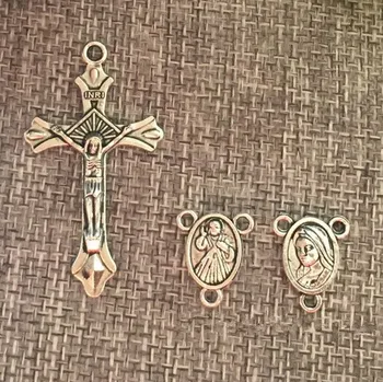 

antique silveralloy rosary cross,rosary part,religious alloy cross and center, jesus crucifix and Divine mercy center