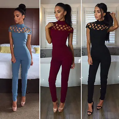 

New Women's Choker High Neck Caged Sleeve Playsuit Ladies Jumpsuit