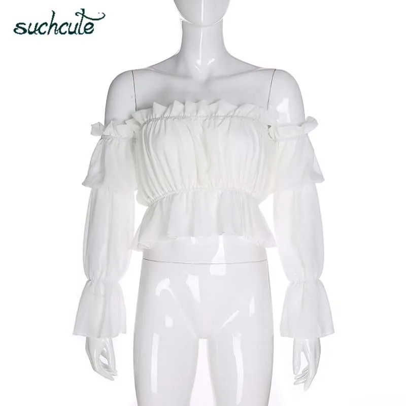 SUCHCUTE блузка Для женщин на одно плечо, длинное платье с длинным рукавом, с кружевами, лентами и топы женские летние корейский стиль Modis Харадзюку Готический Haut Femme - Цвет: white blouse