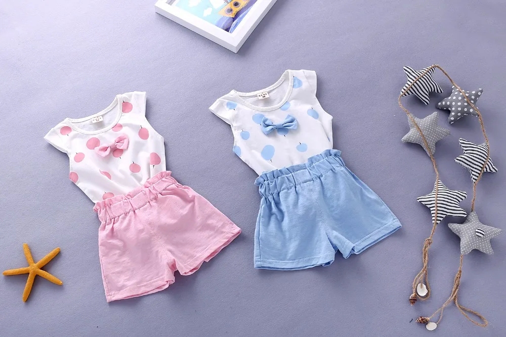 Bibicola/Лето г. комплект одежды для маленьких девочек без рукавов в горошек футболка с принтом+ короткие детские спортивные костюмы комплект одежды для детей