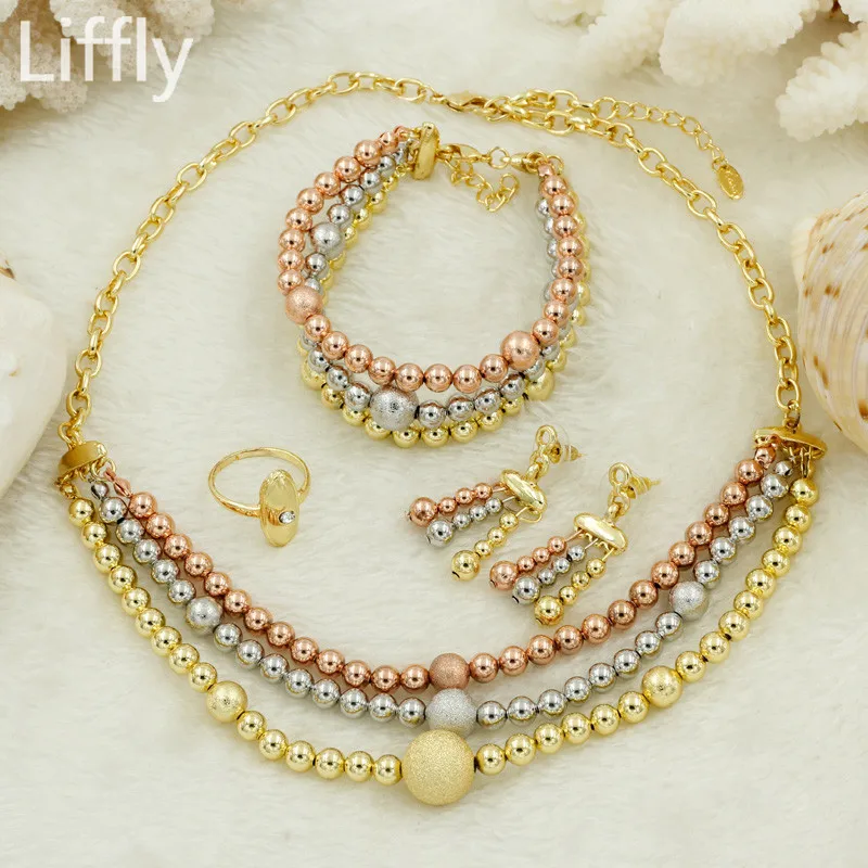 

Wholesale Delicate Fashion African gold Jewelry Set Tri-color Necklace Bracelet Women Wedding Italian Wedding Jewelry Sets
