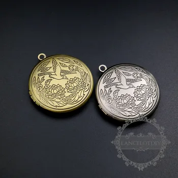 

32MM vintage style antiqued silver,bronze bird flower engraved round photo locket pendant charm DIY supplies 1111063