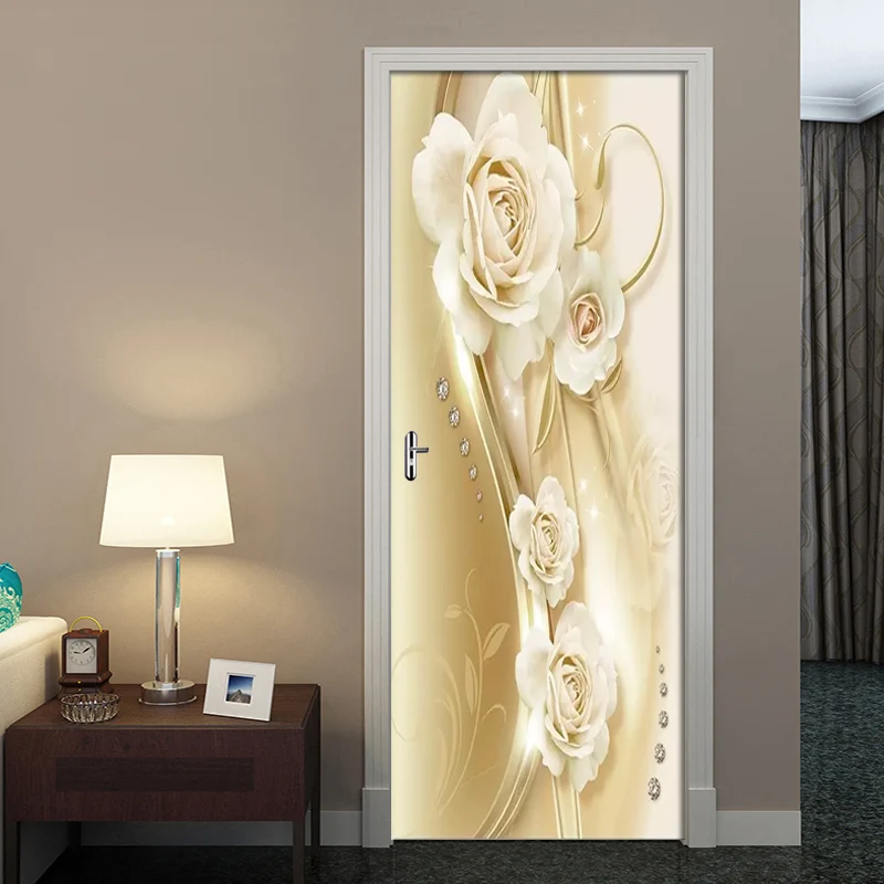 Украшение дома двери Стикеры 3D роскошный Европейский Золотой роспись с изображением роз обои гостиная кухня ПВХ водостойкая дверь наклейка плакат