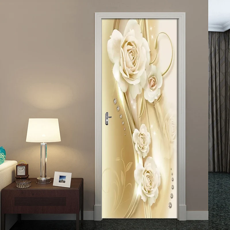 

Home Decoration Door Sticker 3D Luxury European Golden Rose Mural Wallpaper Living Room Kitchen PVC Waterproof Door Decal Poster