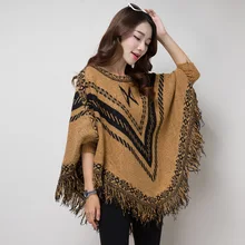 SC146 Women Capes Printed Loose Poncho 2018 Autumn Winter Knitted New Bat Sleeves Sweater Triangle Tassel O Neck Pullover Coat