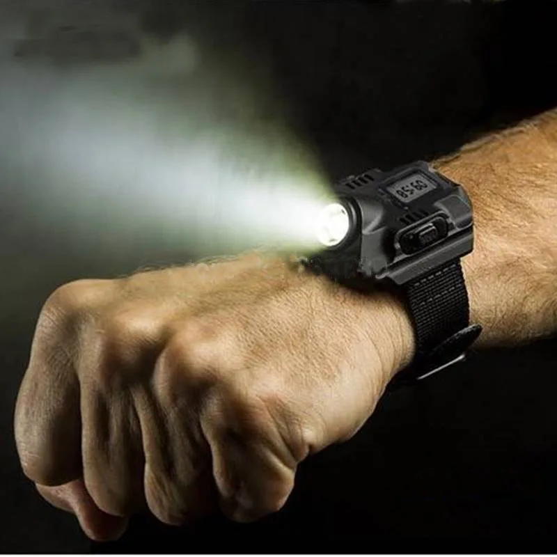 2016 Portable XPE R2 LED Wrist Watch Flashlight Torch Light USB Charger Tactical Rechargeable Flashlight Easy