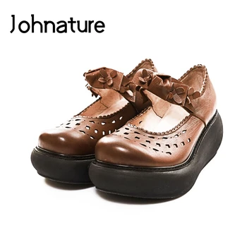 

Johnature 2020 New Summer Genuine Leather Casual Retro Elastic Band Shallow Floral Cover Heel Wedges Sandals Women Shoes