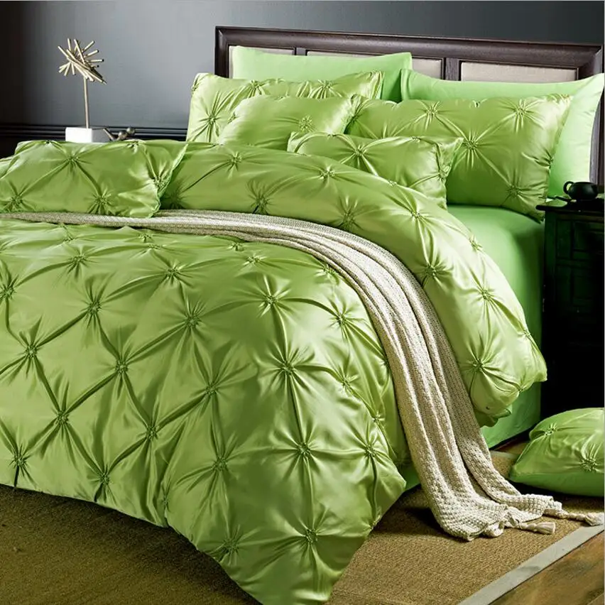 4/6pcs Green Imitated Silk Bedding Sets Pinch Pleat Bed Set King Queen