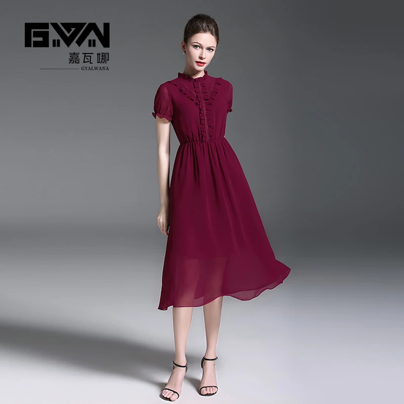 

New style,short sleeve,lace ribbon ruffles ornament,stand collar,elastic waist,wine red chiffon dress.Office lady party dresses