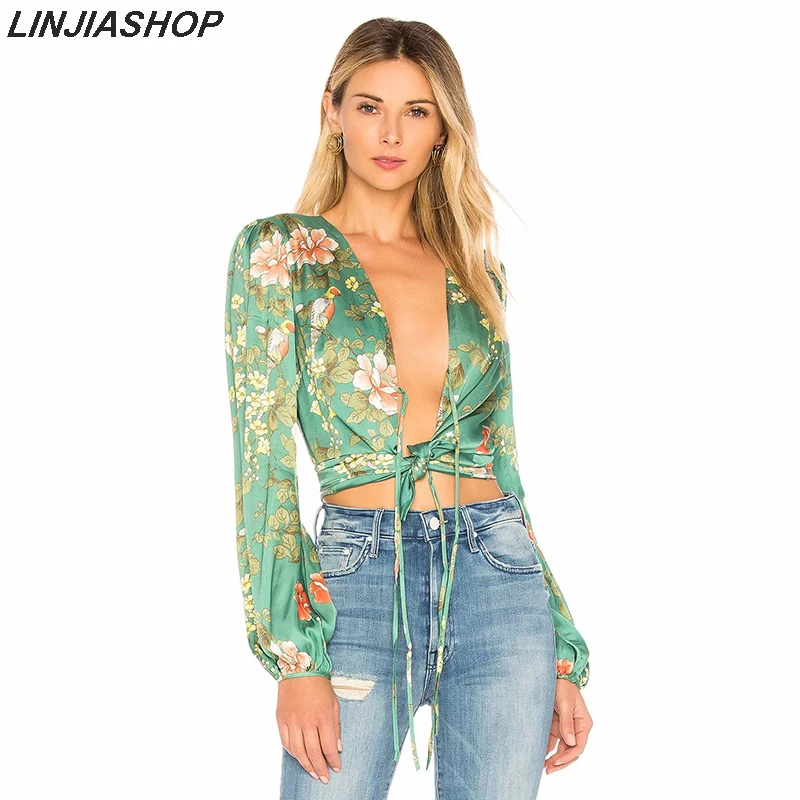 Linjiashop Boho Женская блузка, зеленый сатиновый шифон, длинный рукав, глубокий v-образный вырез, с бретельками, регулируемый сексуальный летний укороченный топ и рубашка