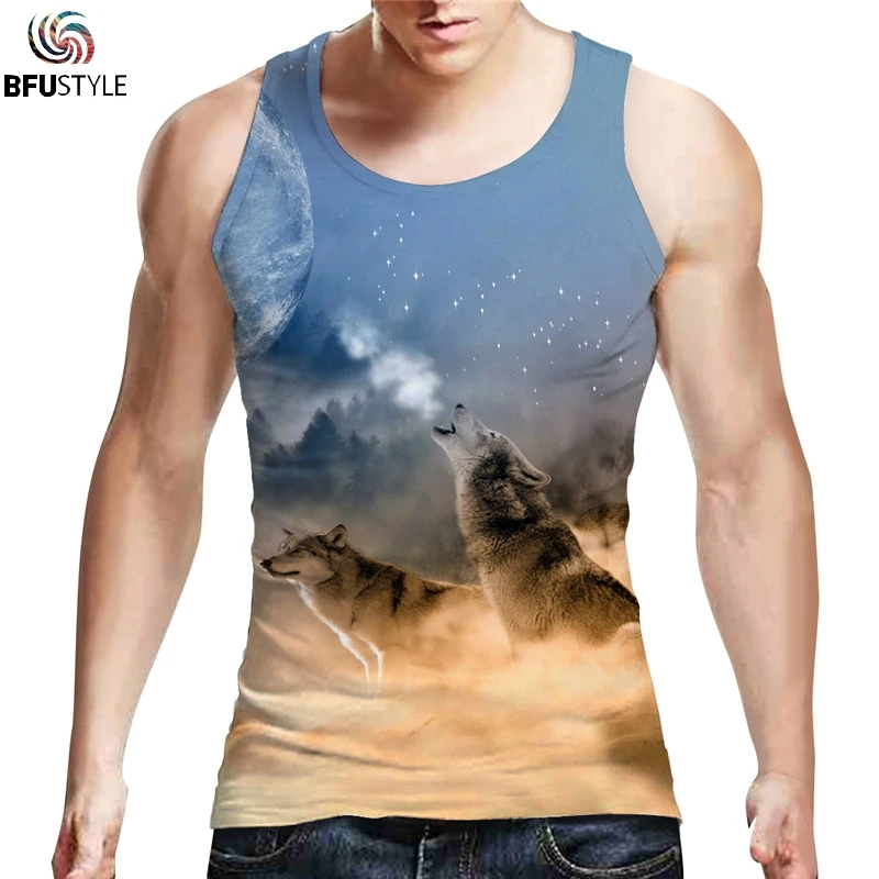 

Planet Wolf Tank Top Men 2019 Sleeveless Bodybuilding Men Cotton Vest O Neck Golds 3D Tanktop Sportswear Undershirt Dropship